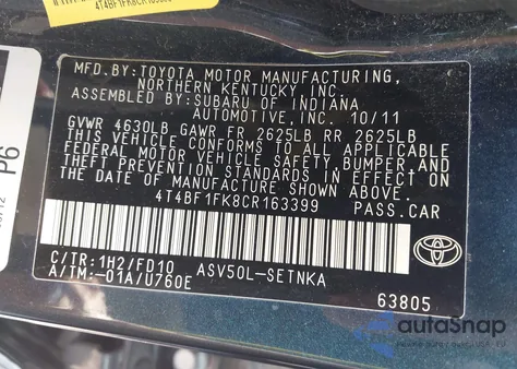 2012 Toyota Camry Le from USA, damaged, VIN 4T4BF1FK8CR163399